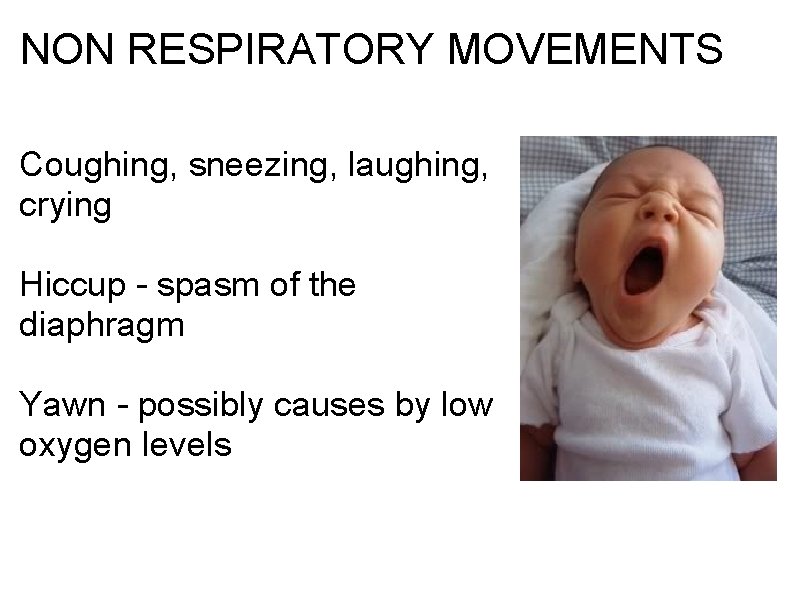NON RESPIRATORY MOVEMENTS Coughing, sneezing, laughing, crying Hiccup - spasm of the diaphragm Yawn NON RESPIRATORY MOVEMENTS Coughing, sneezing, laughing, crying Hiccup - spasm of the diaphragm Yawn