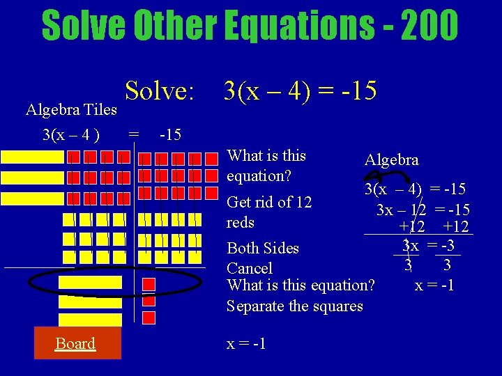 Solve Other Equations - 200 Solve: Algebra Tiles 3(x – 4 ) = 3(x