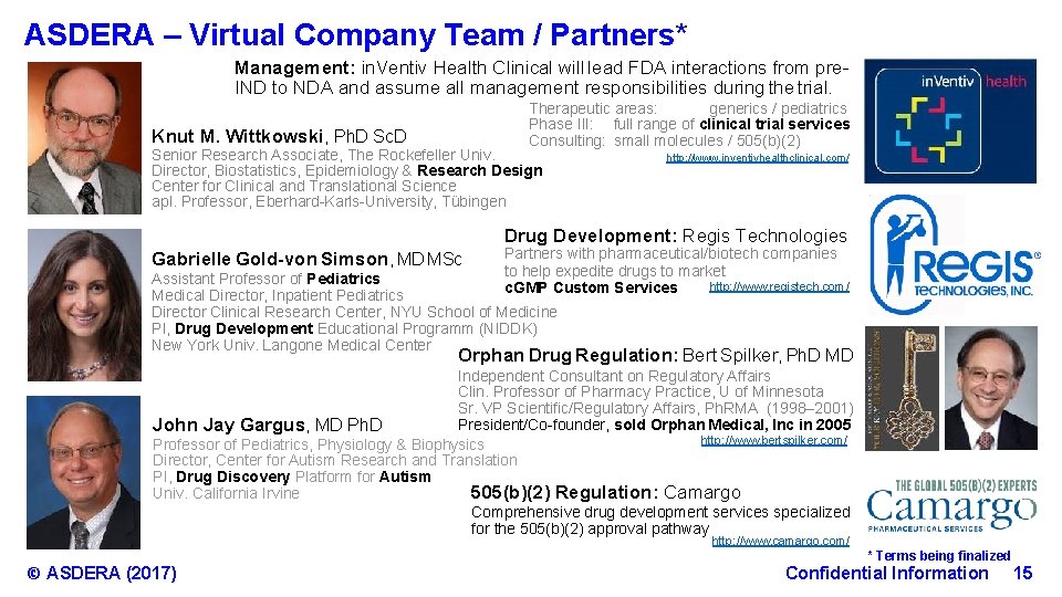 ASDERA – Virtual Company Team / Partners* Management: in. Ventiv Health Clinical will lead FDA