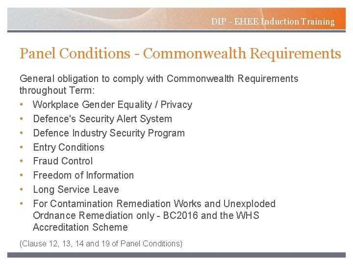 DIP - EHEE Induction Training Panel Conditions - Commonwealth Requirements General obligation to comply