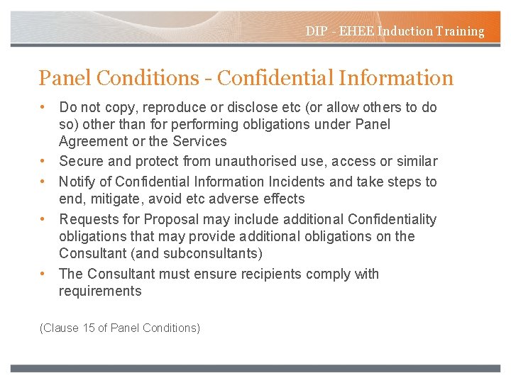 DIP - EHEE Induction Training Panel Conditions - Confidential Information • Do not copy,