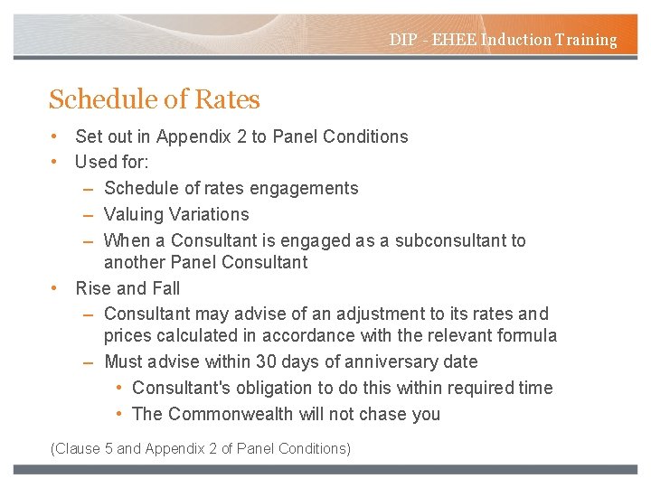 DIP - EHEE Induction Training Schedule of Rates • Set out in Appendix 2
