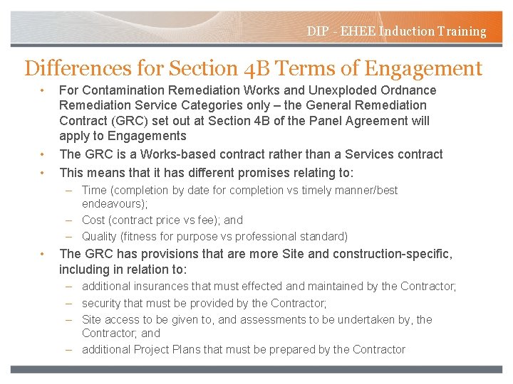 DIP - EHEE Induction Training Differences for Section 4 B Terms of Engagement •