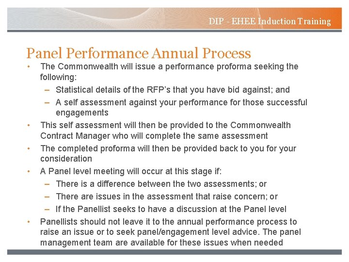 DIP - EHEE Induction Training Panel Performance Annual Process • • • The Commonwealth