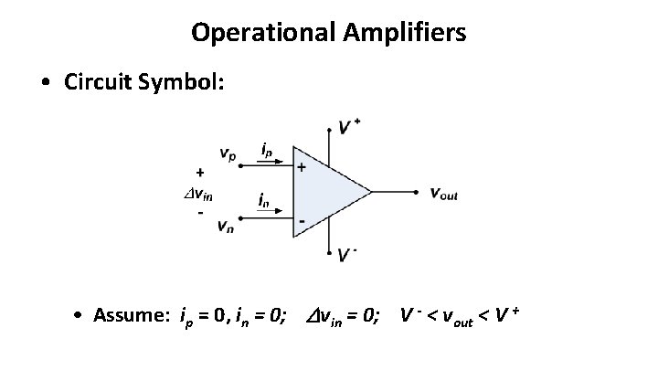 Operational Amplifiers • Circuit Symbol: • Assume: ip = 0, in = 0; vin