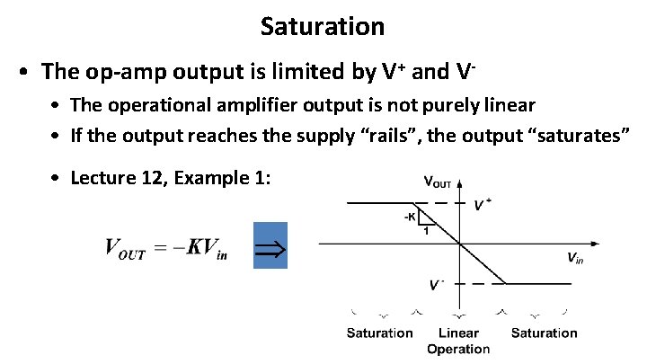 Saturation • The op-amp output is limited by V+ and V • The operational