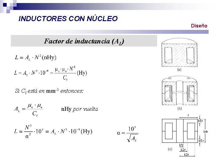 INDUCTORES CON NÚCLEO Diseño Factor de inductancia (AL) Si Cl está en mm-1 entonces: