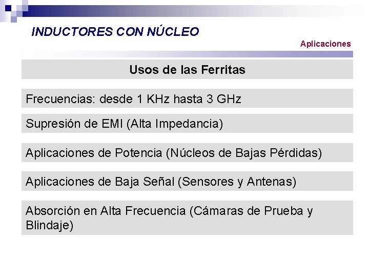 INDUCTORES CON NÚCLEO Aplicaciones Usos de las Ferritas Frecuencias: desde 1 KHz hasta 3