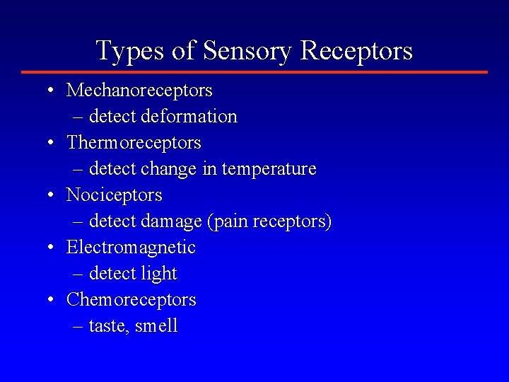 Types of Sensory Receptors • Mechanoreceptors – detect deformation • Thermoreceptors – detect change