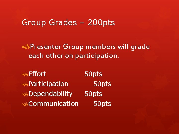 Group Grades – 200 pts Presenter Group members will grade each other on participation. Group Grades – 200 pts Presenter Group members will grade each other on participation.