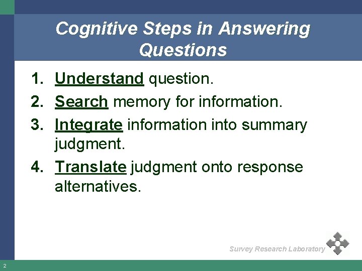 Cognitive Steps in Answering Questions 1. Understand question. 2. Search memory for information. 3. Cognitive Steps in Answering Questions 1. Understand question. 2. Search memory for information. 3.