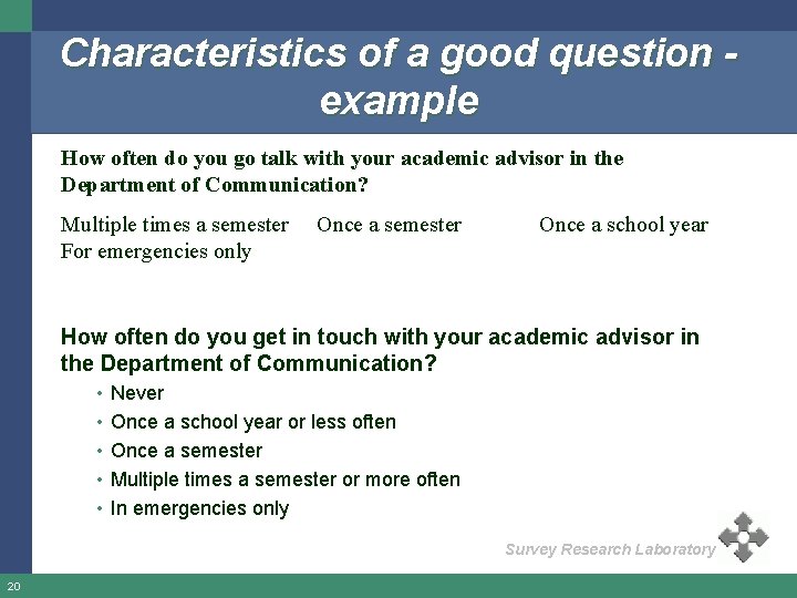 Characteristics of a good question example How often do you go talk with your