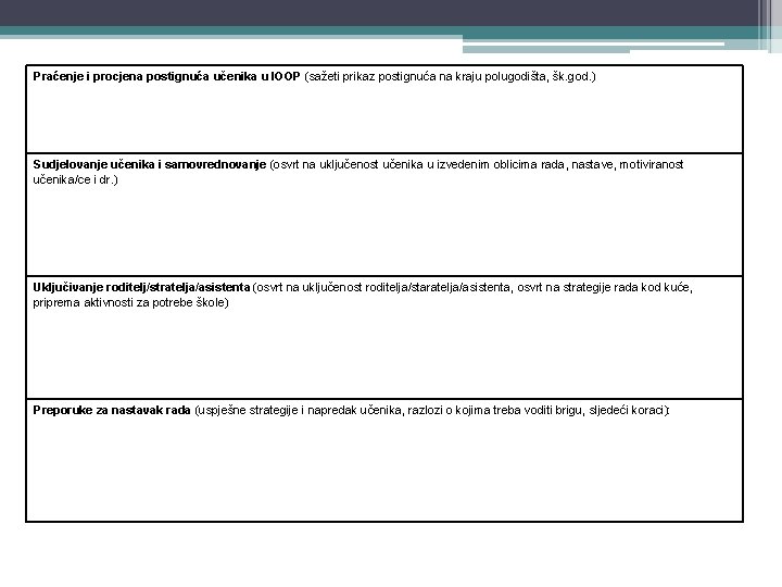 Praćenje i procjena postignuća učenika u IOOP (sažeti prikaz postignuća na kraju polugodišta, šk.