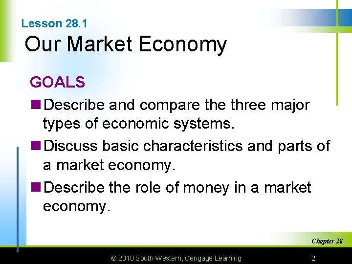 Lesson 28. 1 Our Market Economy GOALS n Describe and compare three major types