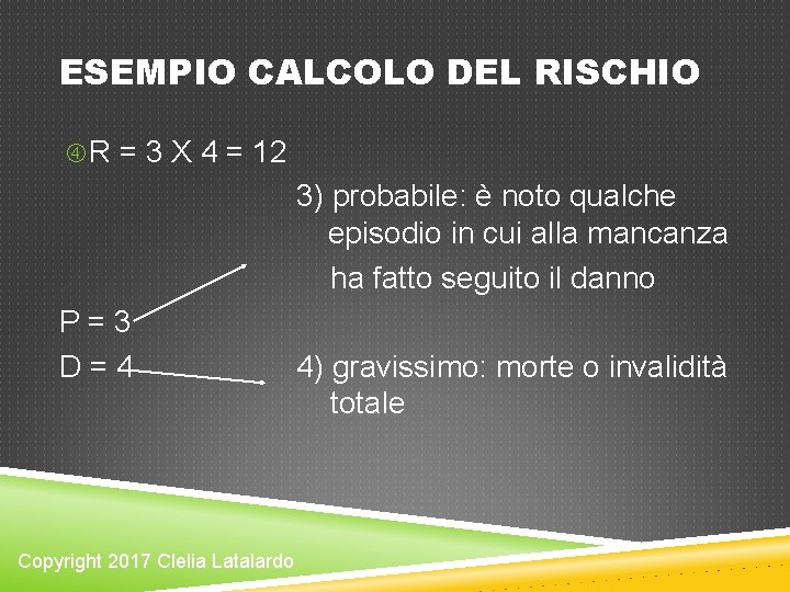 ESEMPIO CALCOLO DEL RISCHIO R = 3 X 4 = 12 3) probabile: è ESEMPIO CALCOLO DEL RISCHIO R = 3 X 4 = 12 3) probabile: è