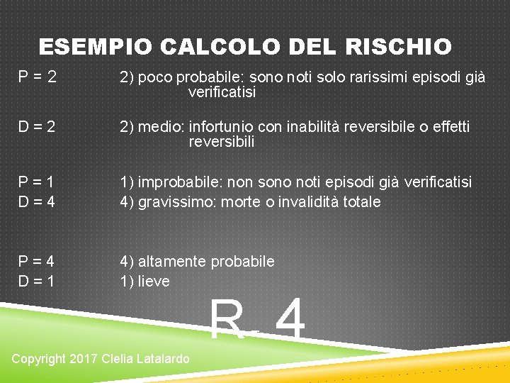 ESEMPIO CALCOLO DEL RISCHIO P=2 2) poco probabile: sono noti solo rarissimi episodi già ESEMPIO CALCOLO DEL RISCHIO P=2 2) poco probabile: sono noti solo rarissimi episodi già