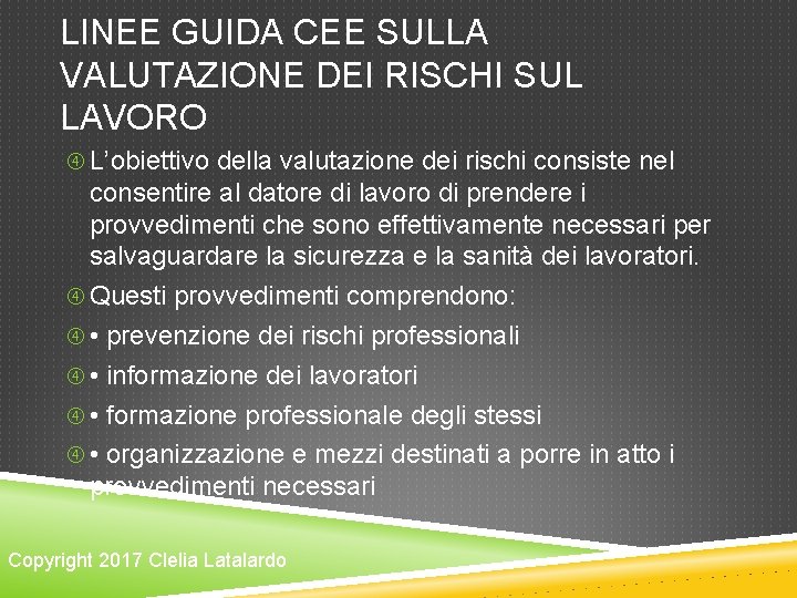 LINEE GUIDA CEE SULLA VALUTAZIONE DEI RISCHI SUL LAVORO L’obiettivo della valutazione dei rischi LINEE GUIDA CEE SULLA VALUTAZIONE DEI RISCHI SUL LAVORO L’obiettivo della valutazione dei rischi