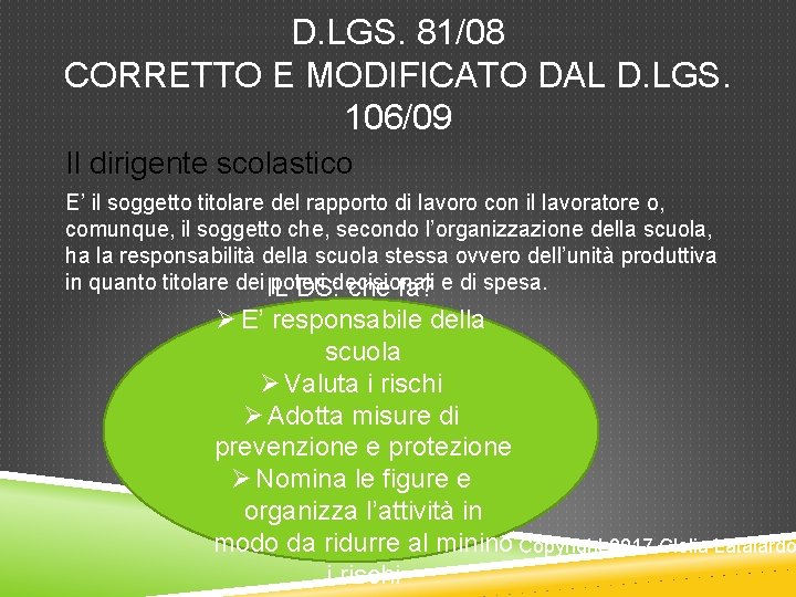 D. LGS. 81/08 CORRETTO E MODIFICATO DAL D. LGS. 106/09 Il dirigente scolastico E’ D. LGS. 81/08 CORRETTO E MODIFICATO DAL D. LGS. 106/09 Il dirigente scolastico E’