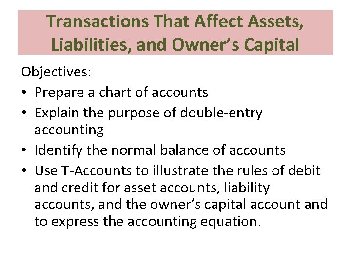 Transactions That Affect Assets, Liabilities, and Owner’s Capital Objectives: • Prepare a chart of