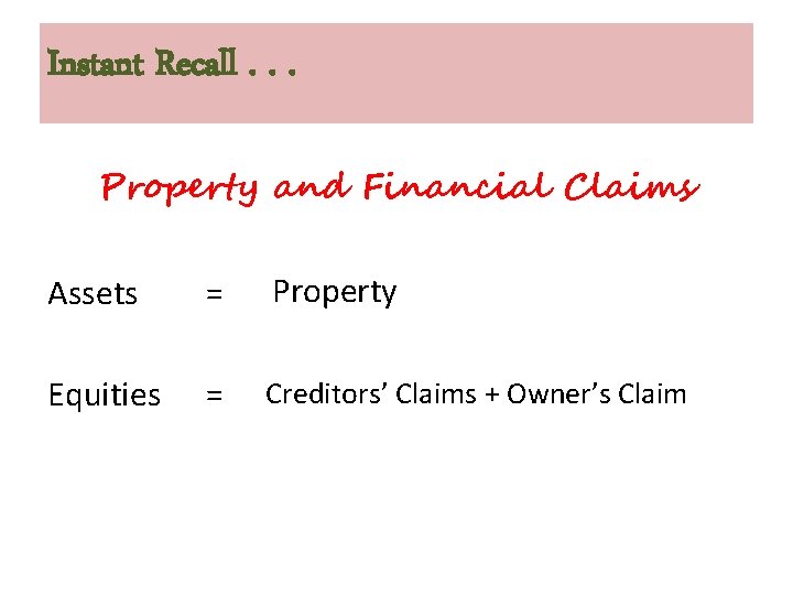 Instant Recall. . . Property and Financial Claims Assets = Property Equities = Creditors’