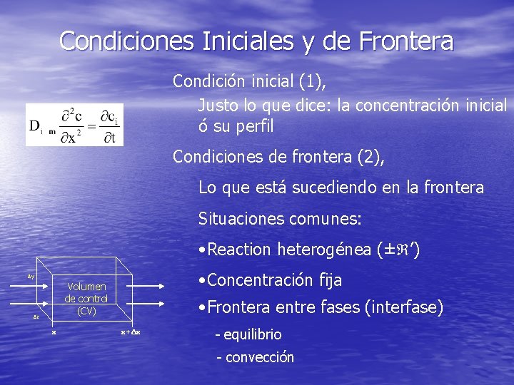 Condiciones Iniciales y de Frontera Condición inicial (1), Justo lo que dice: la concentración Condiciones Iniciales y de Frontera Condición inicial (1), Justo lo que dice: la concentración