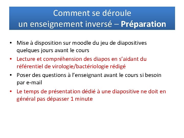 Comment se déroule un enseignement inversé – Préparation • Mise à disposition sur moodle
