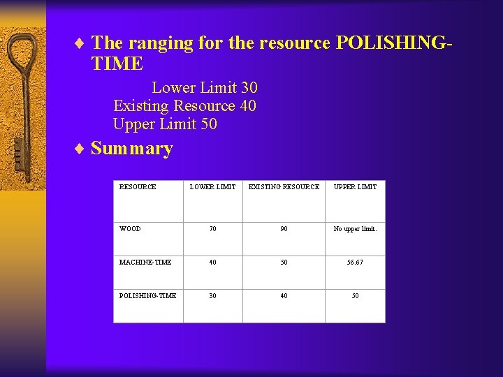 ¨ The ranging for the resource POLISHING- TIME Lower Limit 30 Existing Resource 40