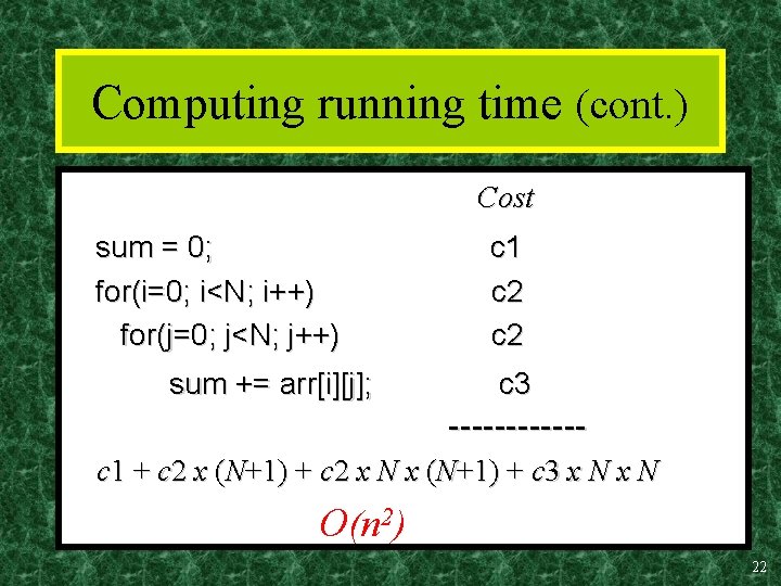 Computing running time (cont. ) Cost sum = 0; c 1 for(i=0; i<N; i++)