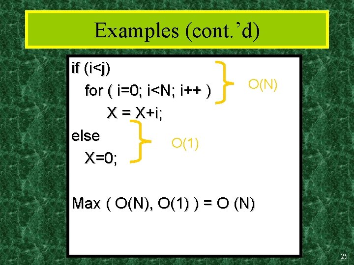 Examples (cont. ’d) if (i<j) for ( i=0; i<N; i++ ) X = X+i;