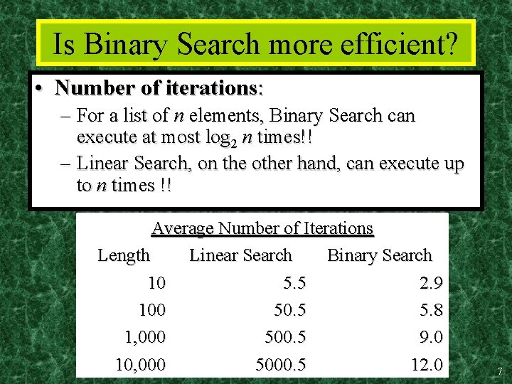 Is Binary Search more efficient? • Number of iterations: – For a list of