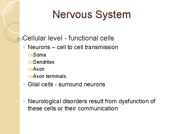 Nervous System Cellular level - functional cells ◦ Neurons – cell to cell transmission
