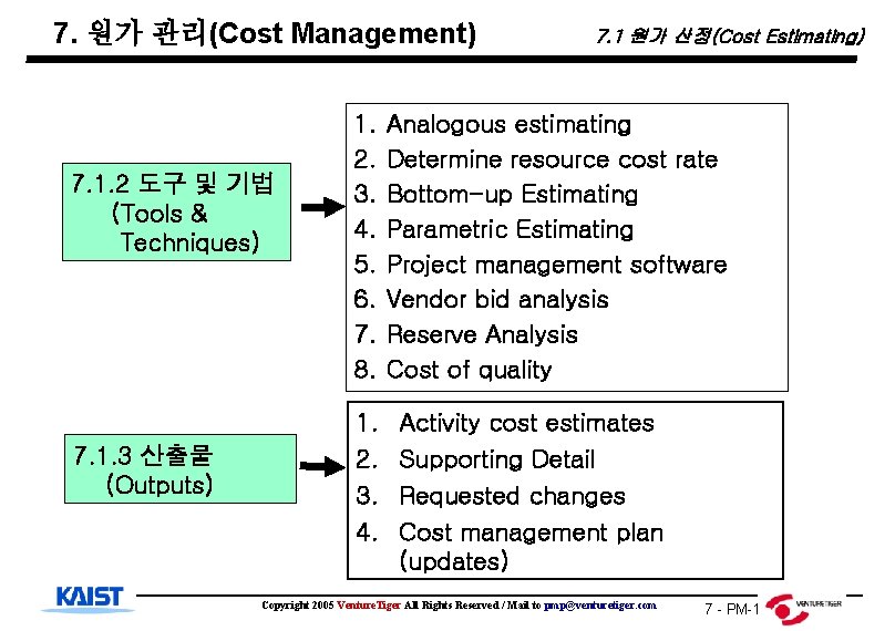 7. 원가 관리(Cost Management) 7. 1. 2 도구 및 기법 (Tools & Techniques) 7.