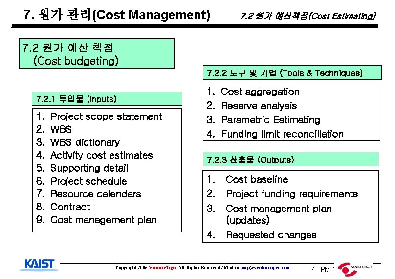 7. 원가 관리(Cost Management) 7. 2 원가 예산책정(Cost Estimating) 7. 2 원가 예산 책정