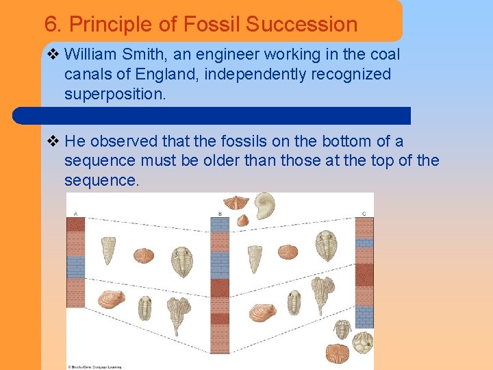 6. Principle of Fossil Succession v William Smith, an engineer working in the coal