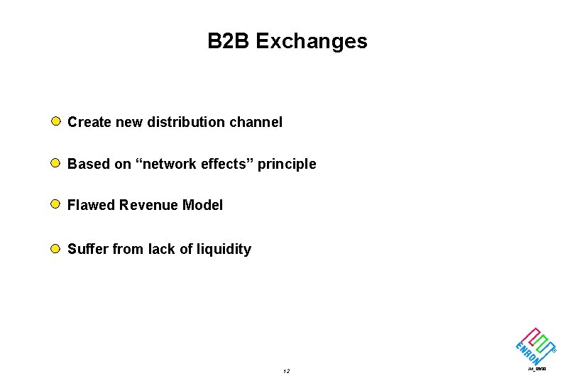 B 2 B Exchanges Create new distribution channel Based on “network effects” principle Flawed