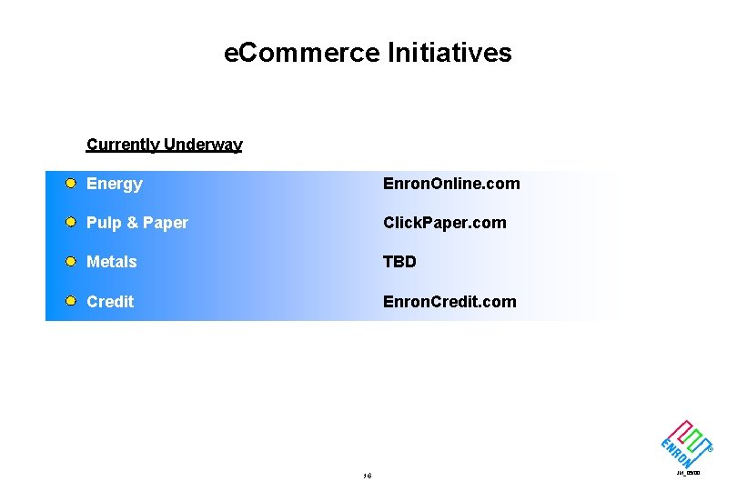 e. Commerce Initiatives Currently Underway Energy Enron. Online. com Pulp & Paper Click. Paper.