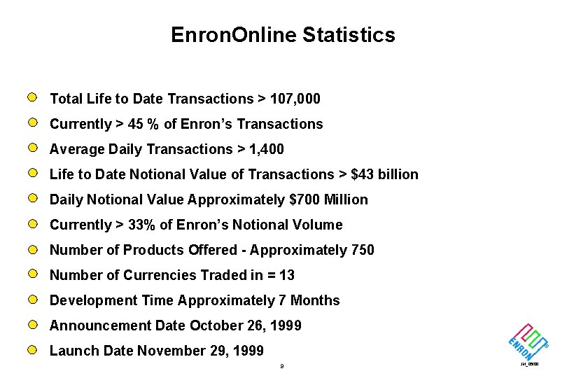 Enron. Online Statistics Total Life to Date Transactions > 107, 000 Currently > 45
