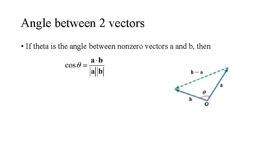 Angle between 2 vectors • If theta is the angle between nonzero vectors a