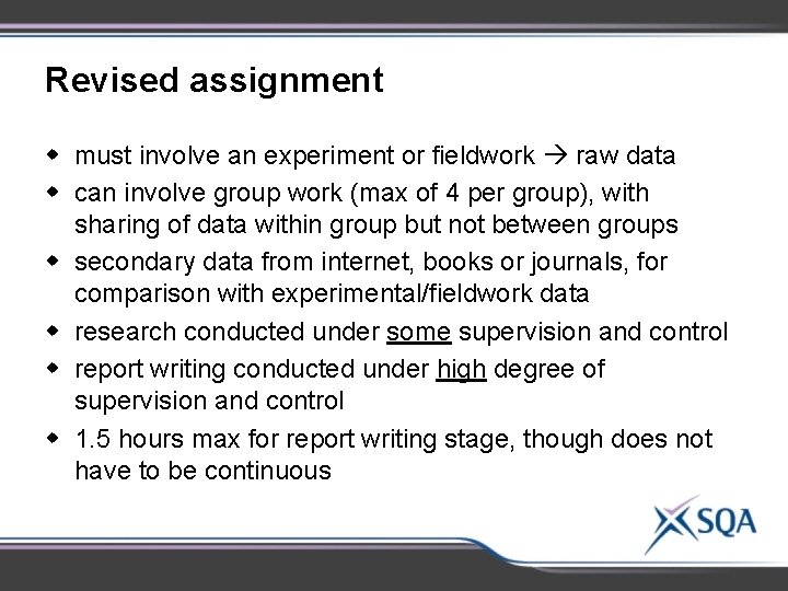 Revised assignment w must involve an experiment or fieldwork raw data w can involve