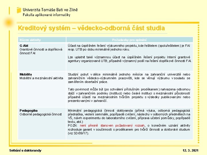 Kreditový systém – vědecko-odborná část studia Název aktivity G-Akt Grantové činnosti a doplňková činnost