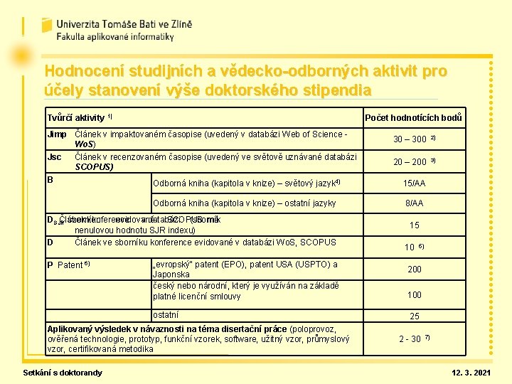 Hodnocení studijních a vědecko-odborných aktivit pro účely stanovení výše doktorského stipendia Tvůrčí aktivity 1)