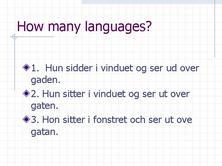 How many languages? 1. Hun sidder i vinduet og ser ud over gaden. 2.