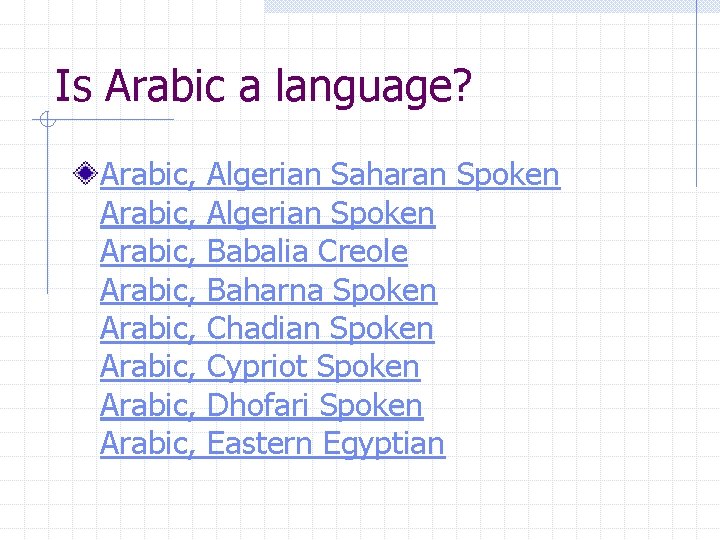 Is Arabic a language? Arabic, Arabic, Algerian Saharan Spoken Algerian Spoken Babalia Creole Baharna