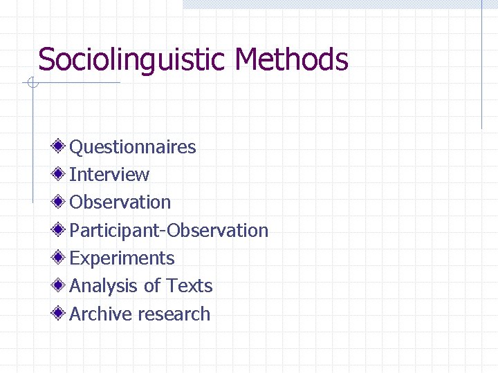 Sociolinguistic Methods Questionnaires Interview Observation Participant-Observation Experiments Analysis of Texts Archive research 