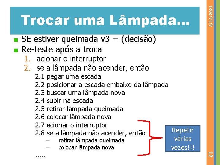 3/12/2021 Trocar uma Lâmpada. . . SE estiver queimada v 3 = (decisão) Re-teste