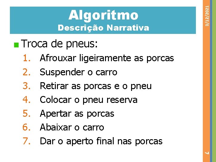 Descrição Narrativa 3/12/2021 Algoritmo Troca de pneus: 1. 2. 3. 4. 5. 6. 7.