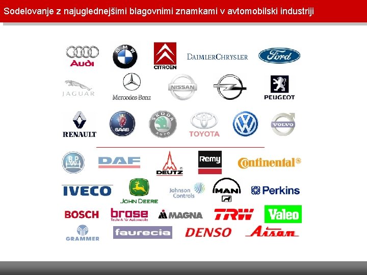 Sodelovanje z najuglednejšimi blagovnimi znamkami v avtomobilski industriji Sodelovanje z najuglednejšimi blagovnimi znamkami v avtomobilski industriji