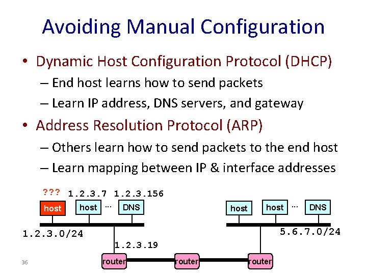 Avoiding Manual Configuration • Dynamic Host Configuration Protocol (DHCP) – End host learns how