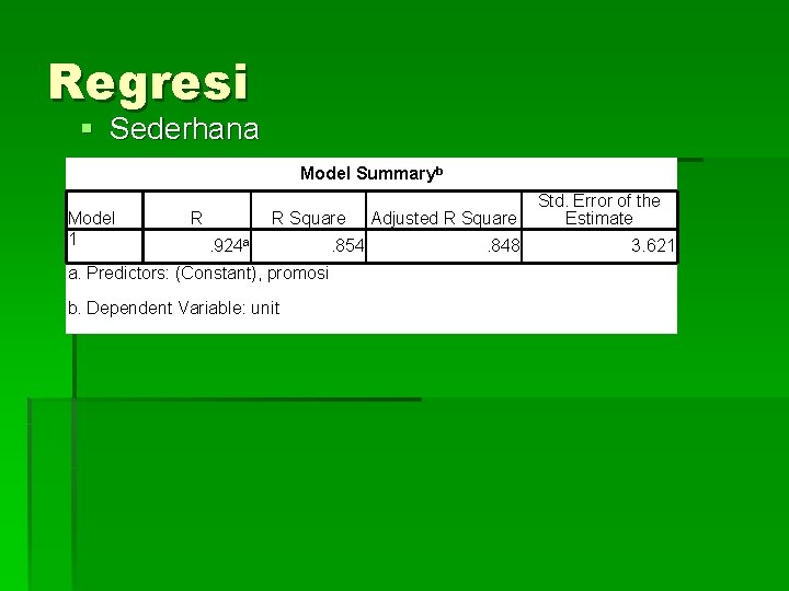 Regresi § Sederhana Model Summaryb Model 1 R R Square. 924 a a. Predictors: