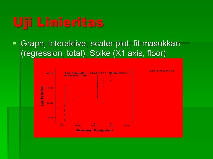 Uji Linieritas § Graph, interaktive, scater plot, fit masukkan (regression, total), Spike (X 1
